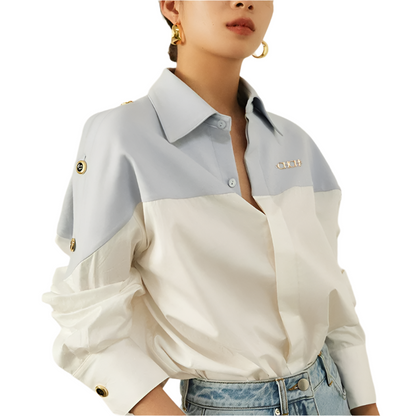 Button-Up Blouse with Contrast Patchwork